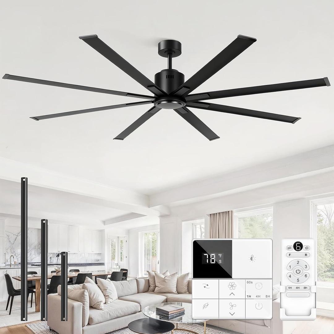 84 Inch Industrial Ceiling Fans No Lights, Large Ceiling Fan with 8 Reversible Blades, Outdoor/Indoor Industrial DC Motor Ceiling Fan with 6-Speed Remote Control for Porch Garage Shop Gym, Black