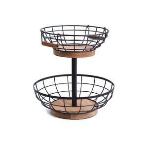 WILDMOS 2-tier Fruit Basket Bowl,Metal Basket with Wooden Base,Fruit and Vegetable Storage with Banana Hanger,Fruit Basket for Kitchen Counter Organizer.