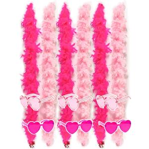 Colorful Feather Boas 6 Packs, 6.6ft Turkey Boas for Women for Bachelor Party Halloween,with Heart Sunglasses (3 Pink & 3 Hot Pink)