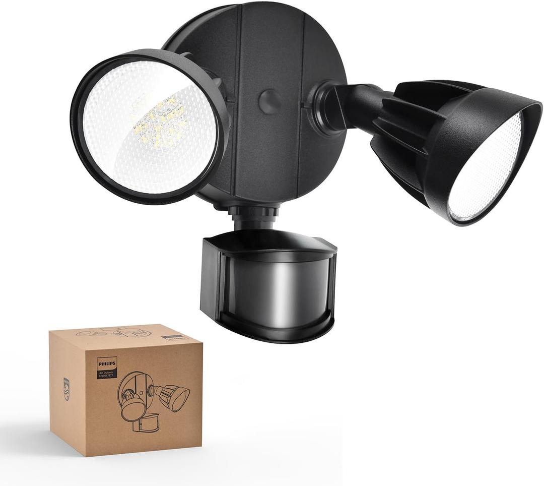 Philips 44W 4200 lm LED Security Light Outdoor w/PIR Motion Sensor, 5000K Daylight Flood Light, Waterproof, Dusk to Dawn, 2 Heads, 4 Modes (Black)