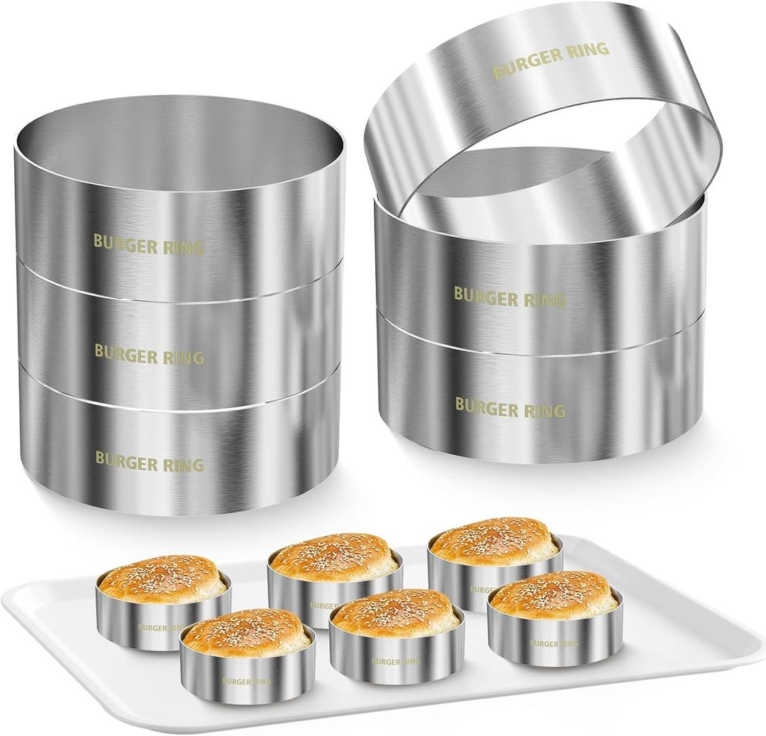 Hamburger Bun Rings, Burger Mold, 4.2 inch Large Ring Molds for Cooking, Set of 6, Nonstick, Made of Food Grade 304 Stainless Steel, Cooking Rings for Fried Eggs, Crumpets, Pancakes, Muffins and More
