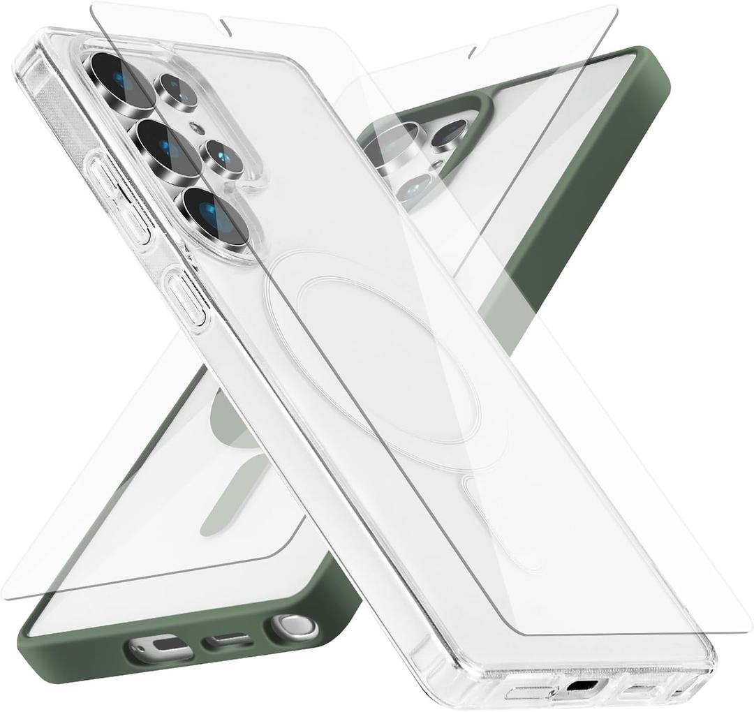 Strong Magnetic for Samsung Galaxy S25 Ultra Case, 2 Case&2 Screen Protector for S25 Ultra Phone,Mil-Grade Drop Protection,Clear and Green