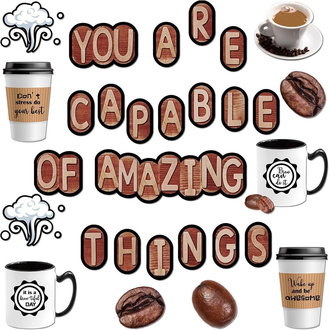 Teling 89 Pcs Industrial Cafe Bulletin Board Set Coffeehouse Themed Bulletin Board Industrial Cafe Classroom Decor Bulletin Board Themed Sets Coffee Classroom Decor for Classroom Home (Novel Style)