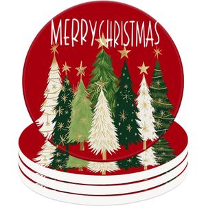 4Pcs Christmas Ceramic Coasters Xmas Tree Red Drink Coasters Absorbent Cup Mat for Winter Holiday Home Kitchen Party Table Decor