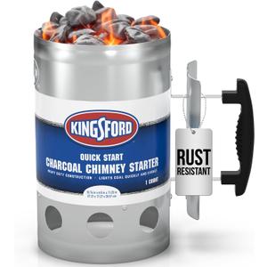 KINGSFORD Heavy Duty Deluxe Charcoal Chimney Starter, Large Capacity Zinc Steel BBQ Fire Starter with Heat Shield and Stay-Cool Handle, Vented Base Air Vents for Fast Even Lighting (1 Count)
