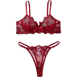 Sexy Floral Embroidered Flower Mesh Underwire Push Up Lingerie Set (Medium, Bow Wine Red)
