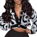 ThusFar Women Fashion Button Down Colorblock Cardigan Sweaters Fall Slim Crop Outwear Open Front Knit Coat Streetwear (Small, Typed-black)