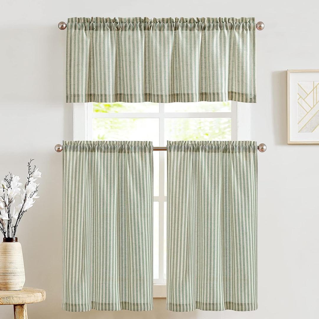 jinchan Striped Kitchen Curtains and Valance Set 24 Inch Tier Curtains Ticking Stripe Linen Small Drapes Pinstripe for Cafe Living Room Bathroom Farmhouse 2 Pieces Set Rod Pocket Sage Green (26"W x 24"L (Pack of 2))