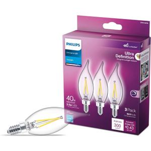 Philips LED 60W BA11 E12 Base 3-Pack Ultra Definition Daylight (5000K) 500 Lumen (5W = 60W) Dimmable Clear Flicker-Free Candelabra Light Bulbs