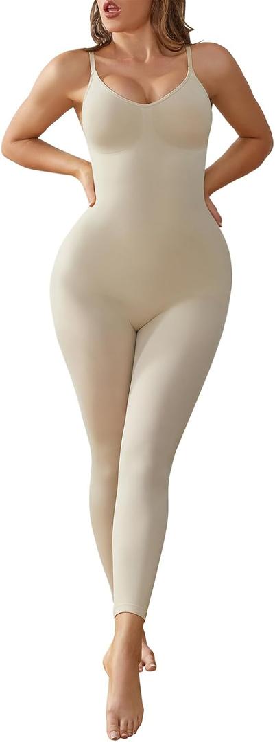 Unitard Jumpsuits for Women Tummy Control Capri Bodysuits Cropped Yoga Body Suit Compression Jumpsuits (Large, Nude)