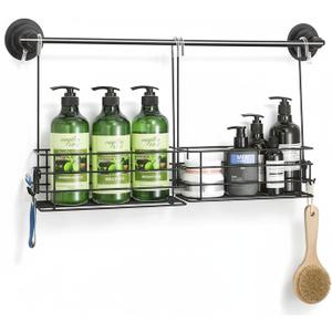 2pcs Single-Layer Shower Caddy Hanging Shower Organizer Stainless Steel Shower Rack with Hooks Over The Door, Shampoo Basket Storage (Black) (2pc 1-Tier)