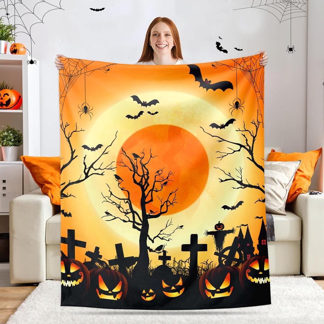 Halloween Blanket, Pumpkin Halloween Throw Blanket, Soft Cozy Flannel Fall Spooky Blankets for Party Couch Sofa Bed Home, Ideal Gifts for Kids Adults Family (Yellow, 50x60 inch)