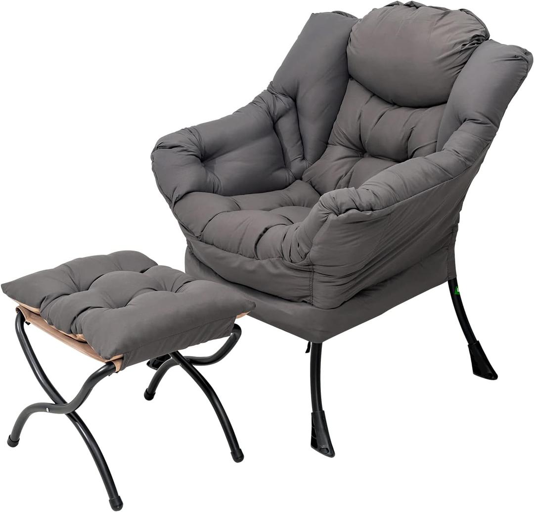 Lazy Chair and Ottoman, Large Accent Lounge Chair with Armrests and a Side Pocket, Modern Leisure Upholstered Sofa Reading Armchair with Footrest for Bedroom, Living Room, Dorm Rooms, Office (Grey)