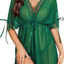 Avidlove Women's 2 Piece Short Sleeve Ruffle Mesh Sheer Nightgowns with Thongs Babydoll Lingerie Set (Green, Small)