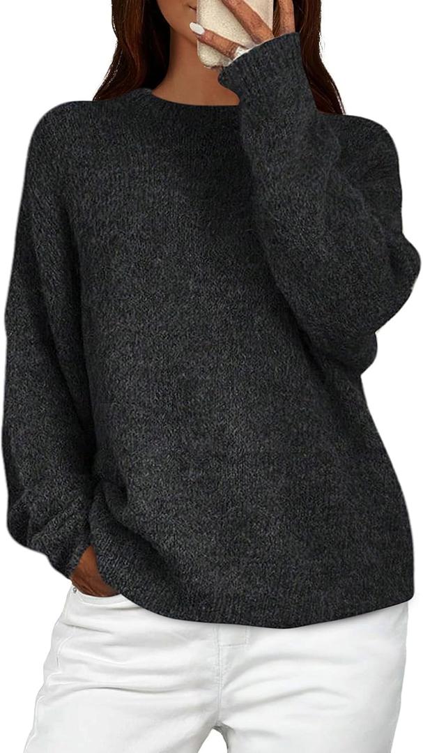 PRETTYGARDEN Womens Fall Long Sleeve Sweater Crew Neck Fuzzy Loose Fit Chunky Knit Oversized Pullover Sweaters Going Out Tops (X-Large, Black)