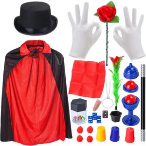 Magician Costume Accessories Pretend Play Dress Up Set Hat Cape Wand White Gloves Magic Tricks Games Toy for Kids (Black)
