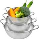 Premium 18/8 304 Stainless Steel Strainer Set of 3 with Handles, Micro-Perforated Colanders, 4-6-8 Quart Set, Self-Draining Solid Base for Pasta, Fruits, Vegetables, Made in Korea