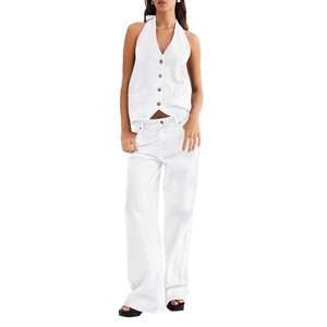 Fisoew Women's Two Piece Denim Set Button Down Backless Tank Top and Wide Leg Jeans 2 Piece Outfit Suits Medium