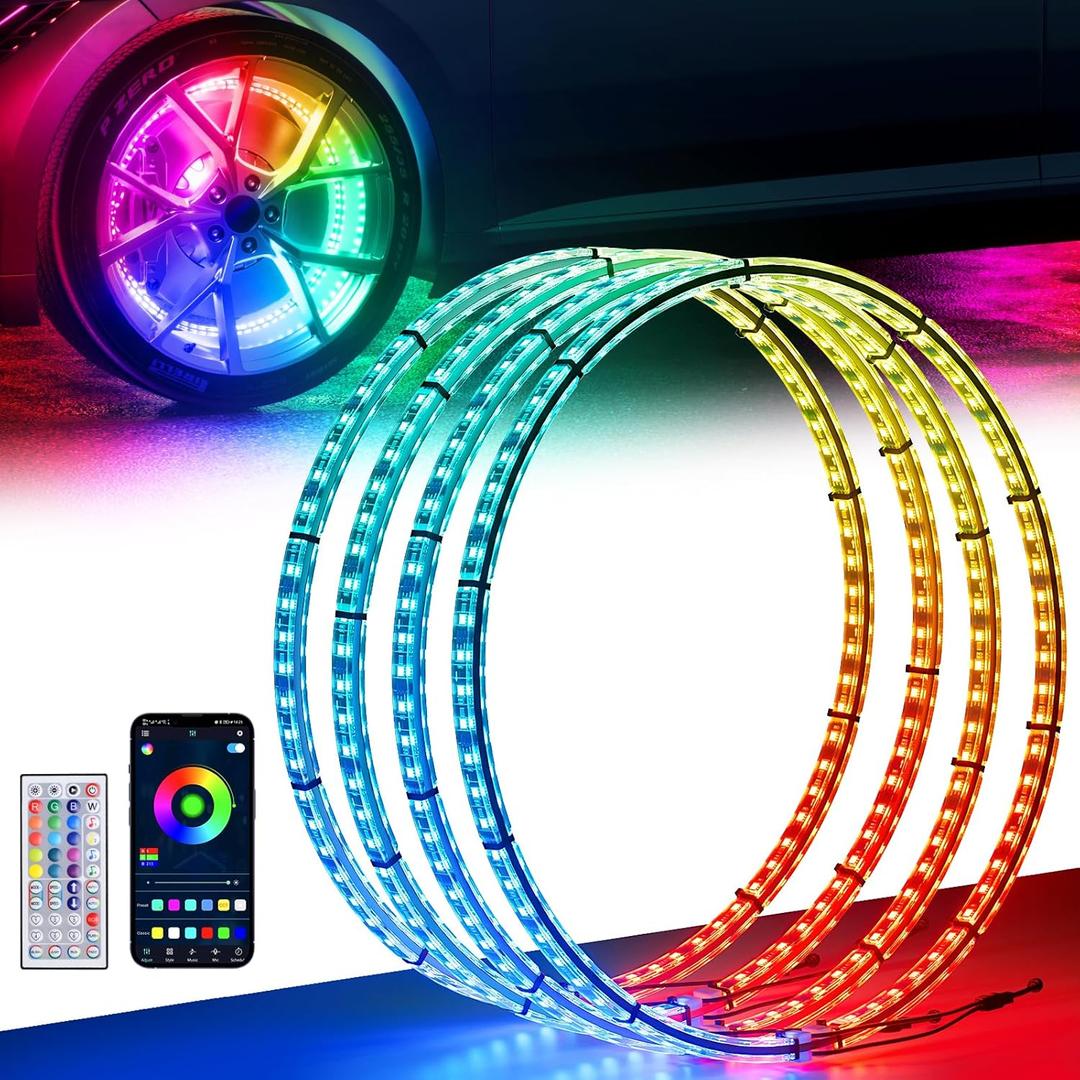 15.5" Double Row Wheel Lights, Brighter RGB Dream Chasing LED Rim Lights with App & Remote Control, Music Wheel Ring Light with Turn & Braking Signal Compatible with Various Trucks SUV Car4PCS