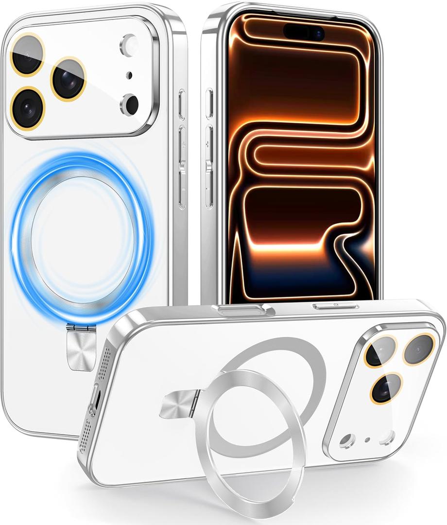 Magnetic for iPhone 17 Pro Max Case with Ring Stand, Fits MagSafe, with Built-in Camera Lens Protector, Slim Electroplated Shockproof Phone Cover, Silver