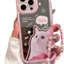 for iPhone 15 Pro Max Case, [Cute White Cat Pattern][Shiny Mirror Case][2-in-1 Bead Wrist Strap], Soft TPU Frame, Shockproof and Drop-Proof, Suitable for Women & Girls