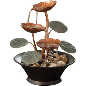Bits and Pieces - Indoor Water Lily Water Serenity Fountain  Compact Tabletop Decoration with Copper-Colored Blooms and Leaves Flowing Water for Relaxing Dcor