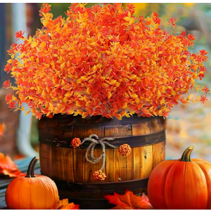 Artificial Fall Flowers for Outdoors, 10 Bundles Artificial Plants UV Resistant Fall Fake Mums Plants for Outside Halloween Christmas Porch Decoration Fall Decor Orange Eucalyptus