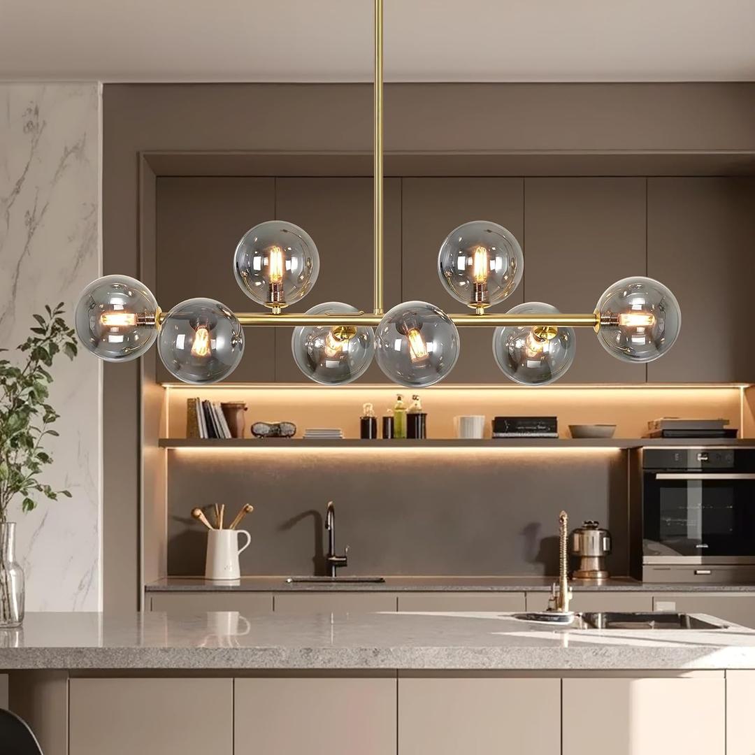 Dining Room Chandelier 37" Gold Sputnik Linear Chandelier for Dining Room, Island Light for Kitchen with Gray Globe Rectangle Linear Sputnik Pendant Light for Kitchen Island, Copper