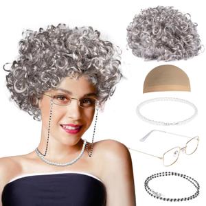 Granny Wig Old Lady Costume Set Elderly Woman Accessories Fun Wigs Light Gray Glasses Cap Faux Pearl Bead Necklace Chain for Party Halloween Cosplay,Funny Comedy