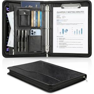 Toplive Zippered Business Padfolio with 3-Ring Binder & Clipboard, PU Leather, Cover Pocket, Document/iPad/Phone/Pen/Earphones/Passport/Card Organizer, Office Gifts for Men & Women, Black