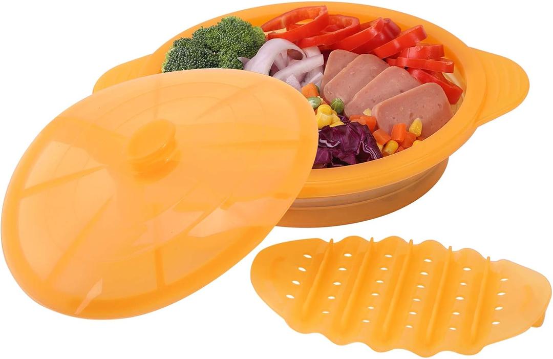 Microwave Steamer Cooker Collapsible Bowl-Silicone Steamer Cookware with Handle Lid for Vegetables Fish Prep Meal Food with Removable Rack BPA Free, Easy to Store, Freezer & Dishwasher Safe, Orange (Small)
