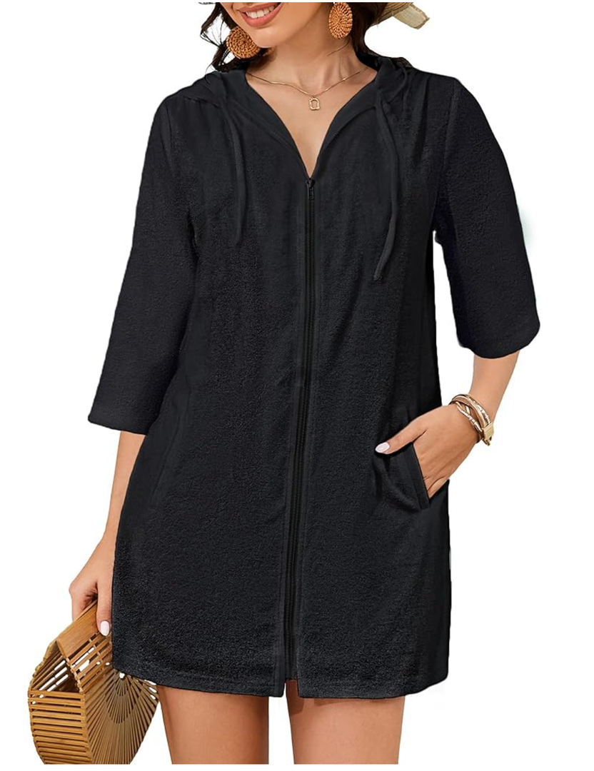 Bsubseach Terry Cloth Swim Coverup - Women Long Sleeve Hooded Swimsuit Coverup Zipper Beach Coverups Robes with Pockets, XL