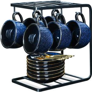 vicrays Ceramic Espresso Coffee Cups Set 4 oz Porcelain Espresso Cups with Saucers Spoons and Metal Stand for Tea Cafe Cappuccino Latte - Set of 6 - Blue