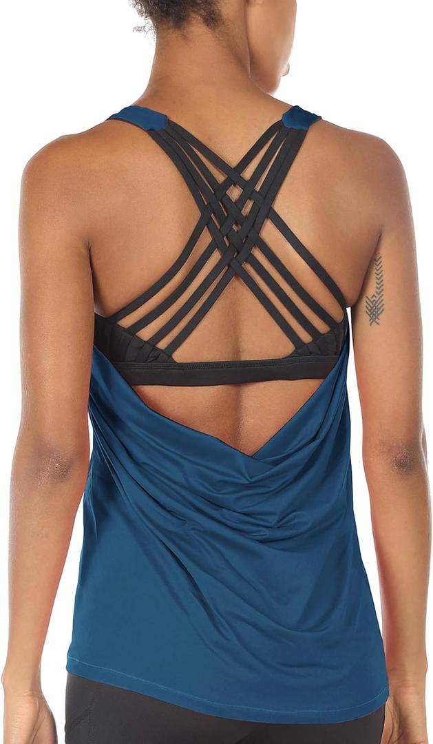 icyzone Women's Open Back Workout Athletic Yoga Tank Tops with Built in Bra (Medium, True Blue)