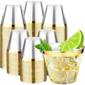 RACETOP 9 oz 200 Pack Plastic Cups with Gold Rim, Disposable Gold Rim Clear Plastic Cups for Parties, Gatherings, Weddings, and Festival Events