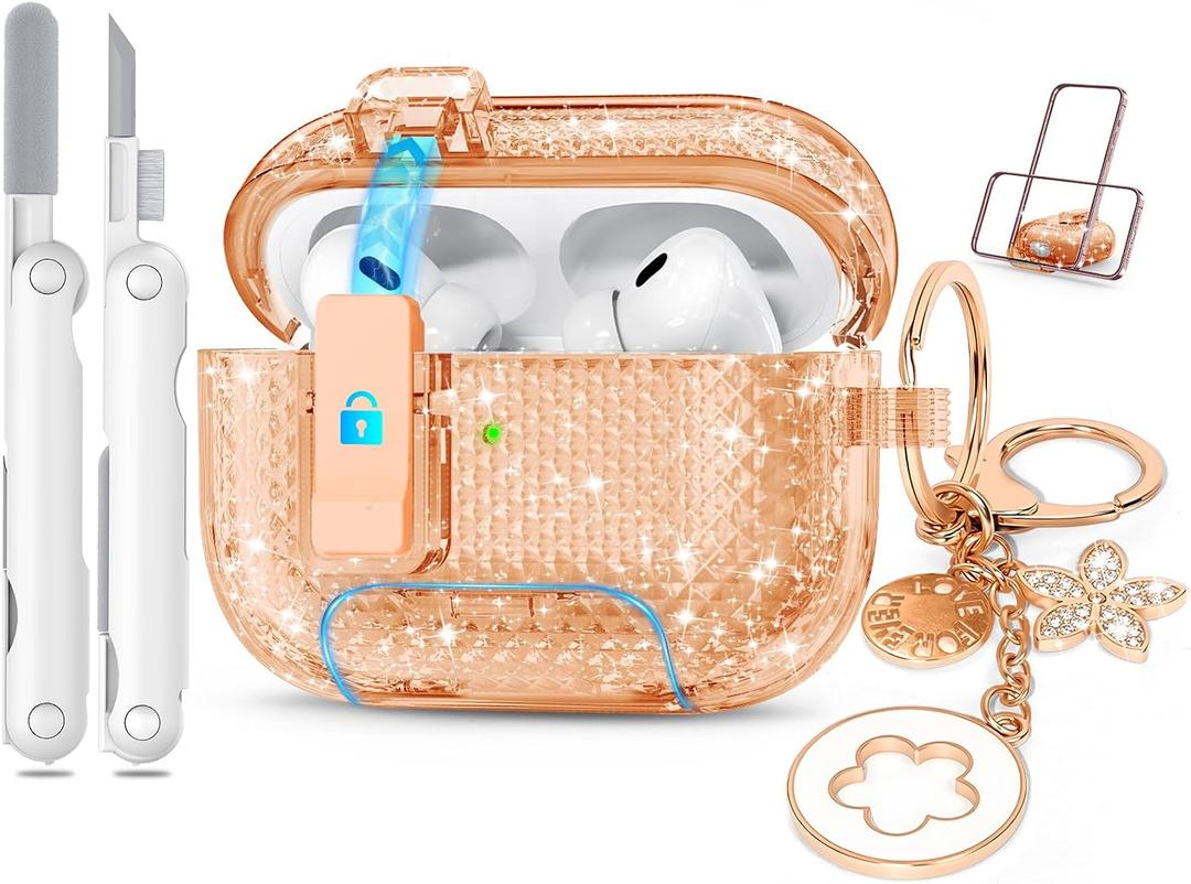 for Airpods Pro 2nd/1st Generation Case Rose Gold with Lock&Bling Keychain for Women&Girly,Cute Soft TPU Clear Cases Cove for Airpods Pro 2 Case with Cleaning Kit,Phone Holder Function