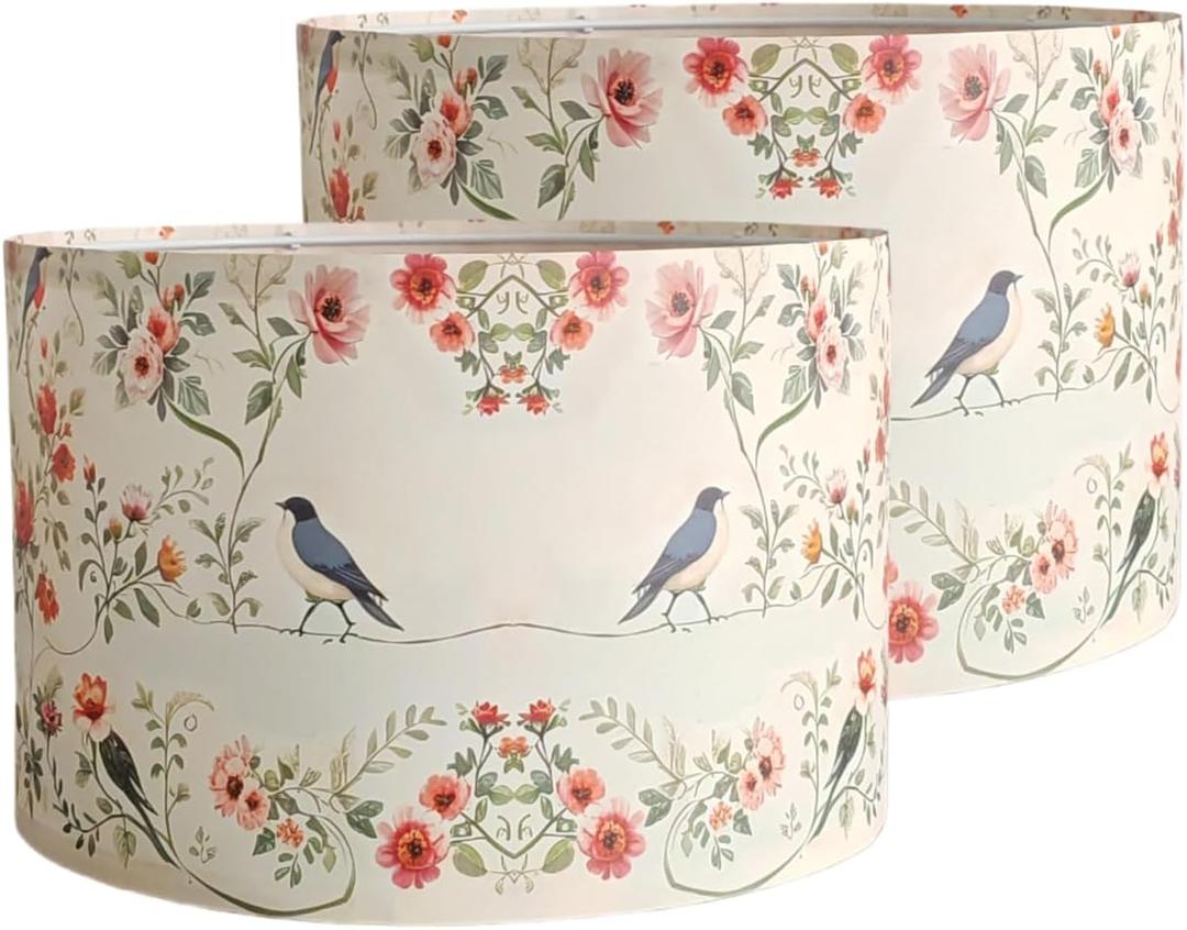 Drum Flower Lamp Shades for Table Lamps 12" Top x 12" Bottom x 8" High Linen Lampshade set of 2 Lamp Shade with E27 to E26/E14 Adapters for Floor Lamps Bedside Lamps, Assembly Required (pattern 9)
