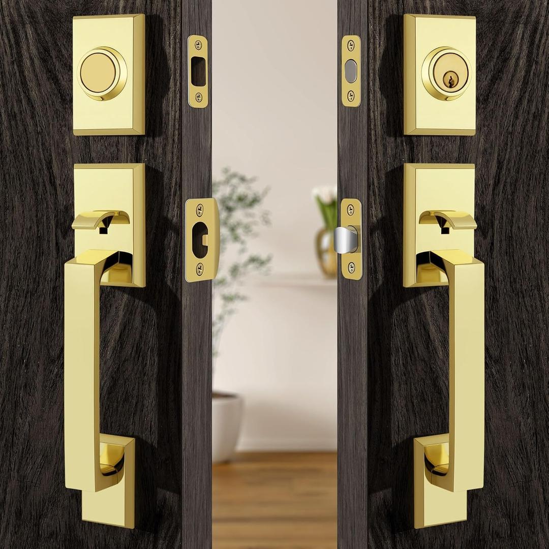 Moquin Double Front Door Lock Set, Polished Brass Square Front Door Hardware Set with Dummy, Heavy Duty Door Handle with Deadbolt, Double Entry Door Lock Set with Reversible Handle