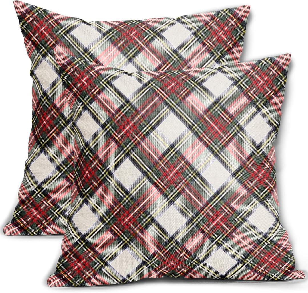Christmas Plaid Pillow Covers 18x18 Set of 2 Rustic Red Green Blue Xmas Decoration Buffalo Checked Print Decorative Outdoor Pillowcases Farmhouse Holiday Throw Cushion Case Decor for Couch Sofa Bed (Beige)