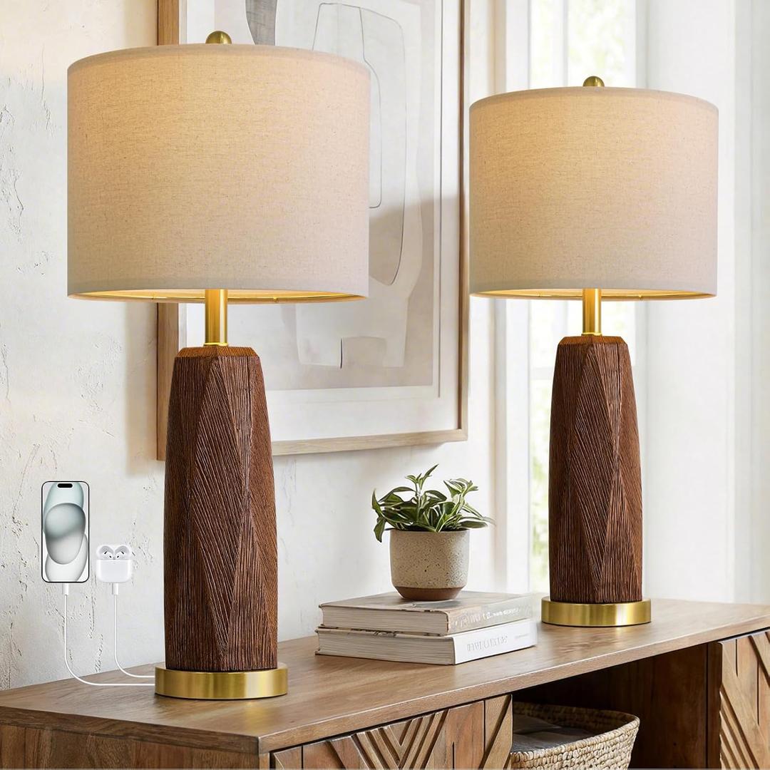 BOBOMOMO 27.5" Table Lamps Set of 2 with USB-A & USB-C Charging Ports, Wood Texture Resin Bedside Lamps with Linen Shade & Rotary Switch, Tall Nightstand Lamps for Bedroom, Living Room Office