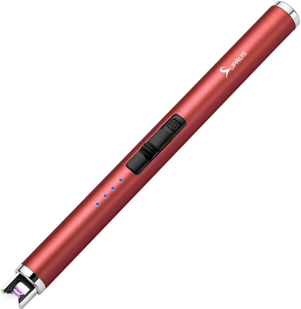SUPRUS Electric Lighter Candle Type C Rechargeable Lighter with Upgraded LED Battery Display Safety Switch Flameless Plasma Windproof for Candle Cooking BBQs Fireworks (Red) (1)