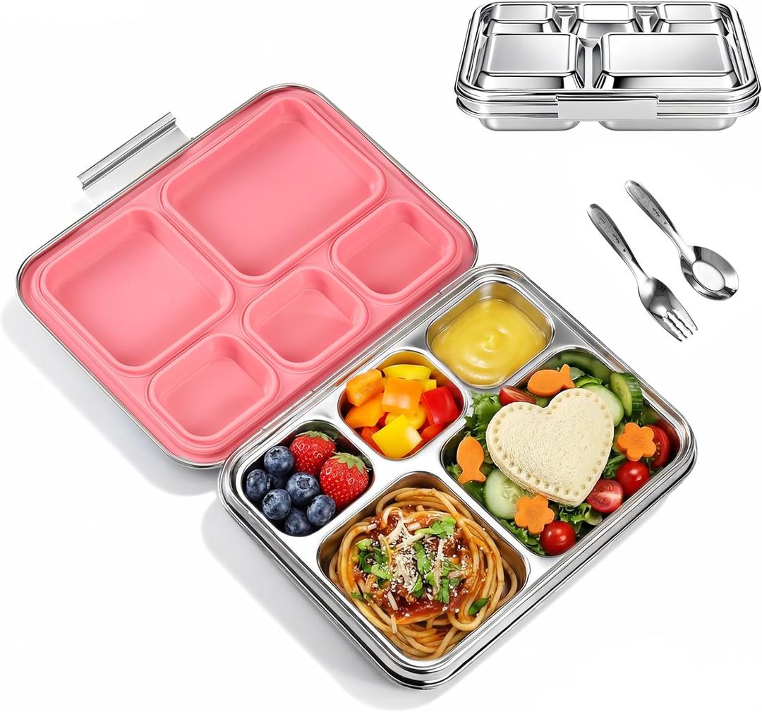 Stainless Steel Bento Lunch Box 7+Order KidsTeens and Adults, Leak-Proof, BPA-Free, 5 Compartments, Eco-Friendly, Durable Lunch Box for School, Office, Fitness, Travel, and Meal PrepPink)