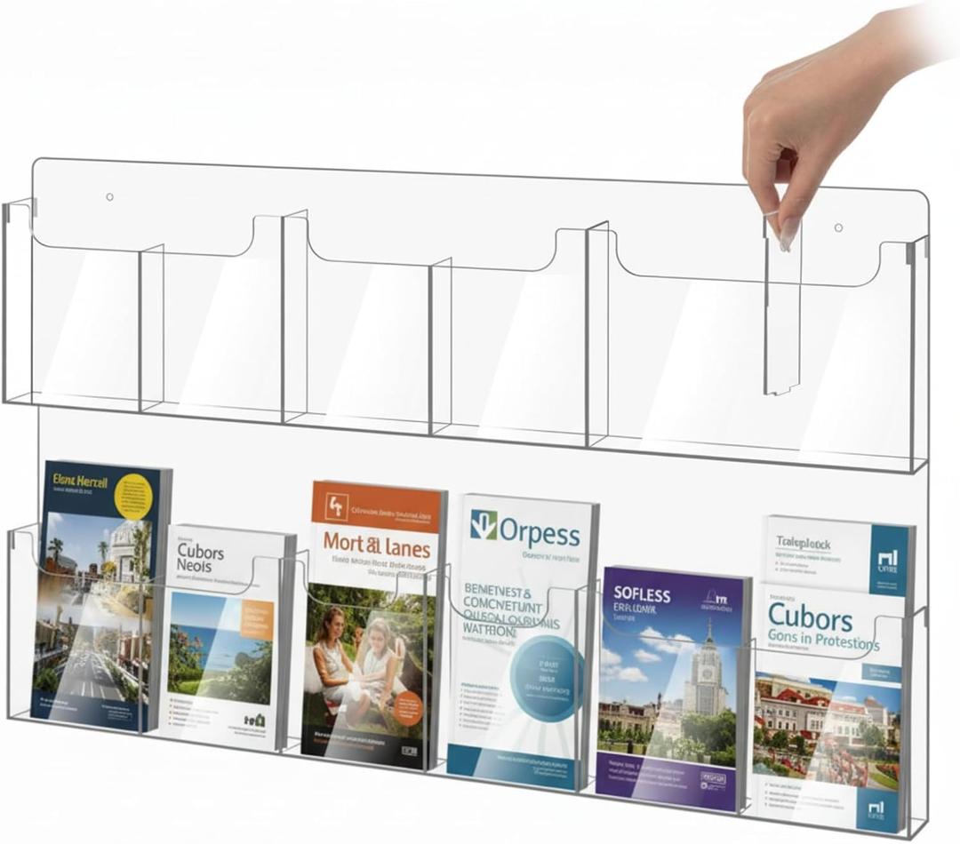 Sherr Acrylic Brochure Holder Wall Mount with Removable Dividers, Wide High Capacity Literature Display Stand for 4''x 9'', 8.5''x11'' Pamphlets, 26.7'' x 18'' for High-Traffic Lobbies Events