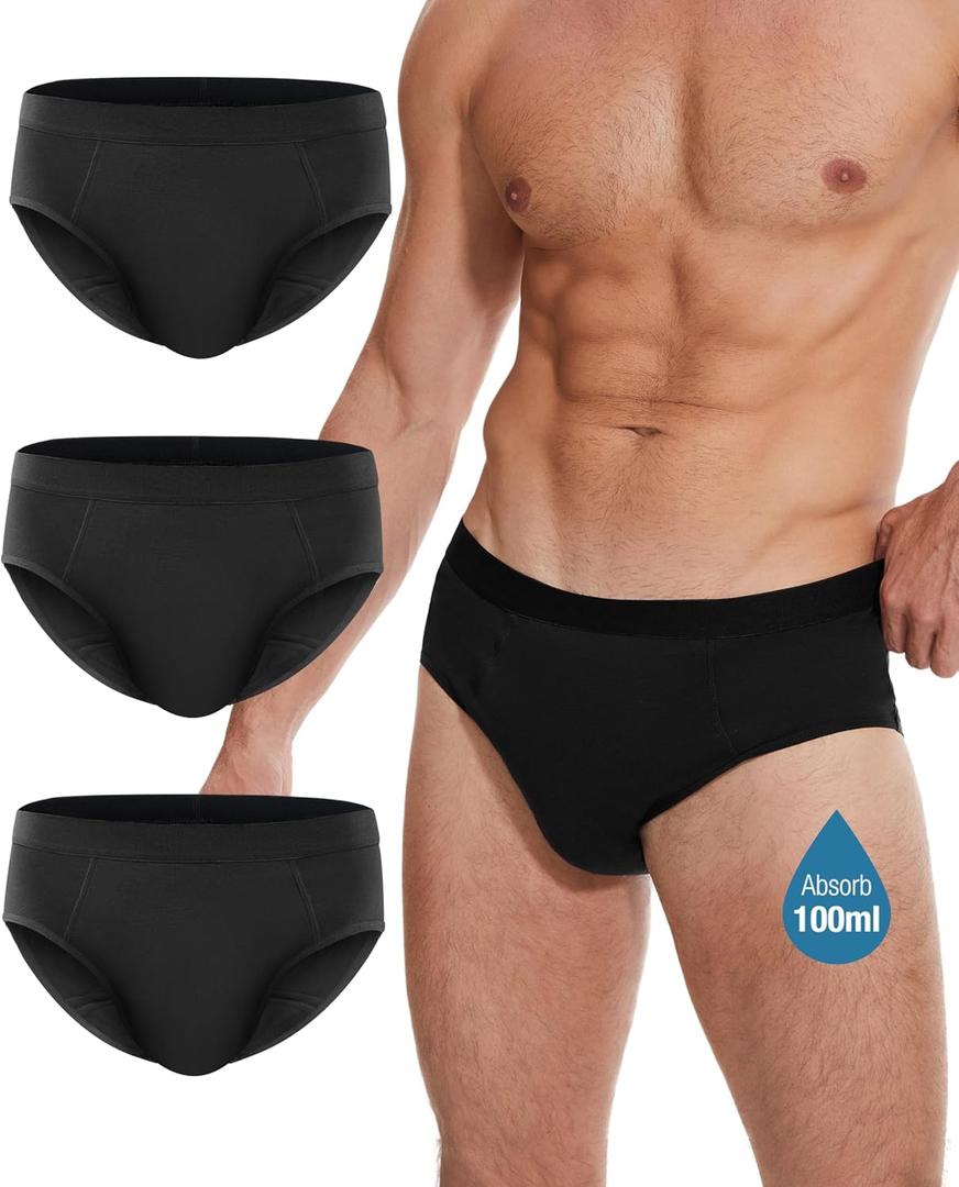 Incontinence Underwear for Men, Washable Leak-Proof Reusable Heavy Flow, Cotton Briefs, 3 Pack (Black, Medium)