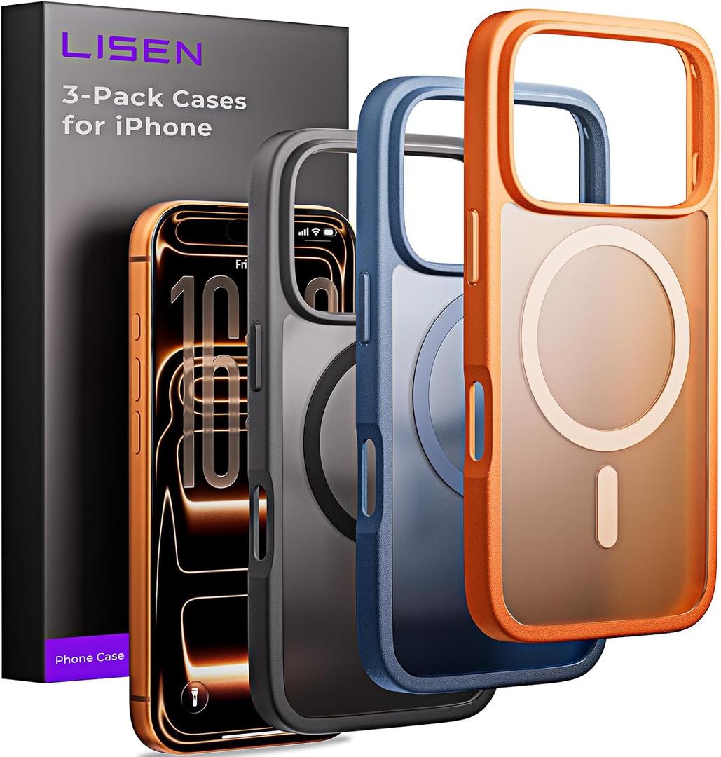 LISEN 3-Pack Magnetic Shockproof for iPhone 17 Pro Case Slim [Fit for MagSafe][Military Grade Drop Protection] Translucent Matte Phone Case for i Phone 17 Pro, Cosmic Orange, Space Black, Deep Blue