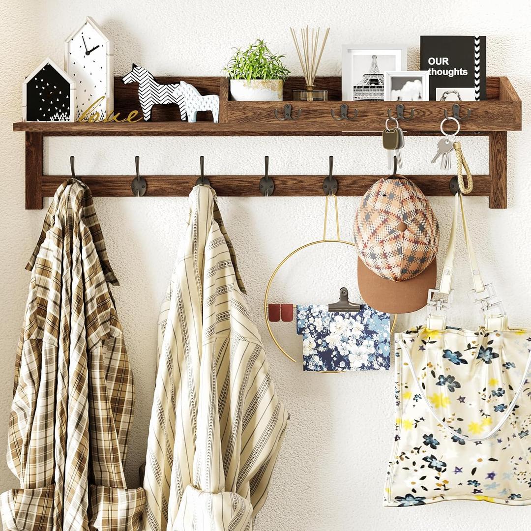 AMBIRD Coat Rack Wall Mount, 35 inch Large Wall Hooks with Shelf, Entryway Shelf with 7 Dual Coat Hooks 4 Key Hooks Mail Organizer, Wooden Coat Hanger and Key Holder Wall Mount (Brown)