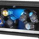 Watch Winder 6 with LED and Super Quiet Motor 4 Rotating Modes, Wooden Watch Storage Case Watch Shaker with USB Cable Gift (Black Carbon Fiber)