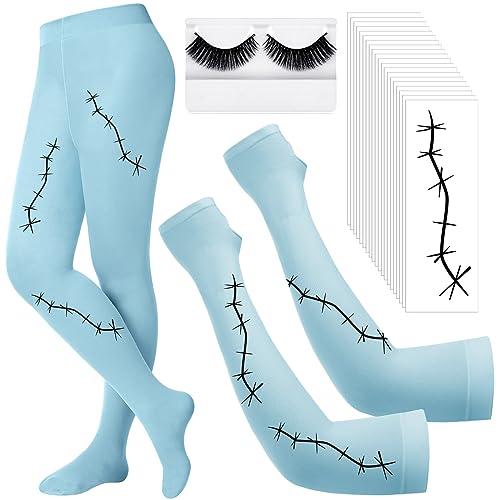 Didaey Halloween Costume Accessories for Women Halloween Scar Arm Sleeves Footed Tights False Lashes Scar Tattoos for Cosplay (Blue)