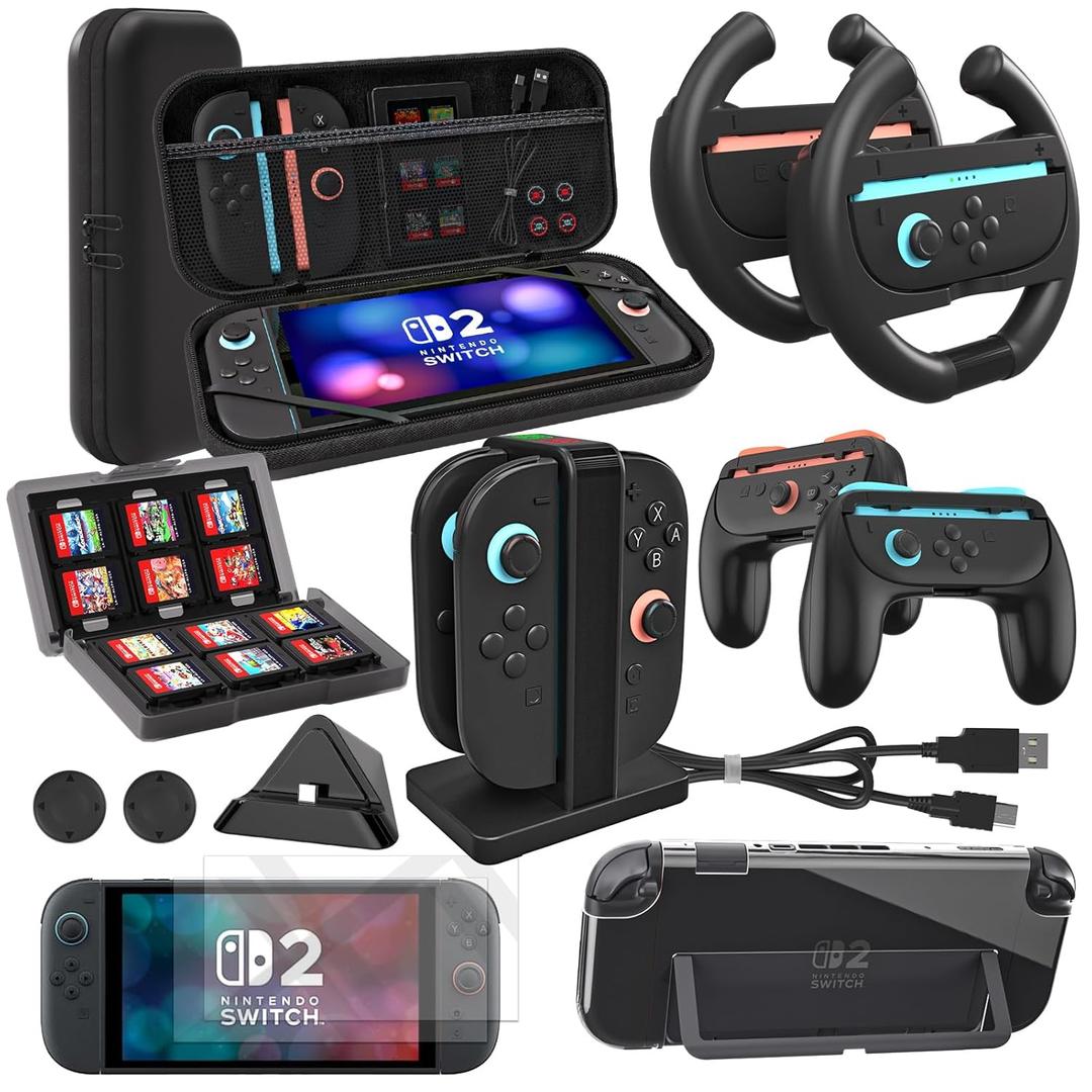 Switch 2 Accessories Bundle 2025  9-in-1 Deluxe Gift Set with Fast Charging Dock, Travel Carry Case & Racing Wheels  All-in-One Starter Kit for Nintendo Switch 2 Gamers & Families
