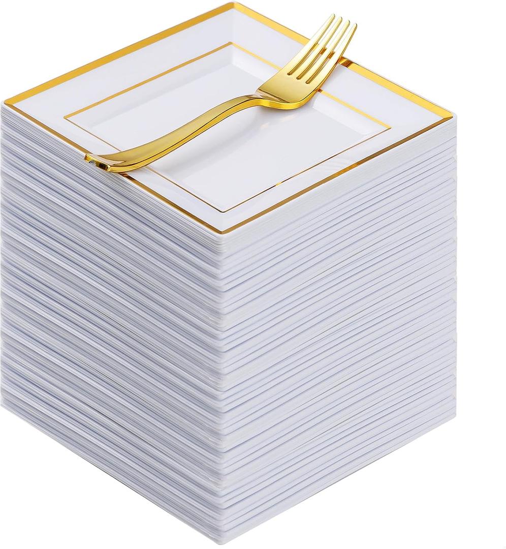 Goodluck 240 Pieces Gold Square Plastic Plates with Forks, Gold Dessert Plates for 120 Guests, Heavy Duty Disposable Plates for Party, Including 120 6.5" Plastic Plates and 120 7.4" Forks (Gold and White)